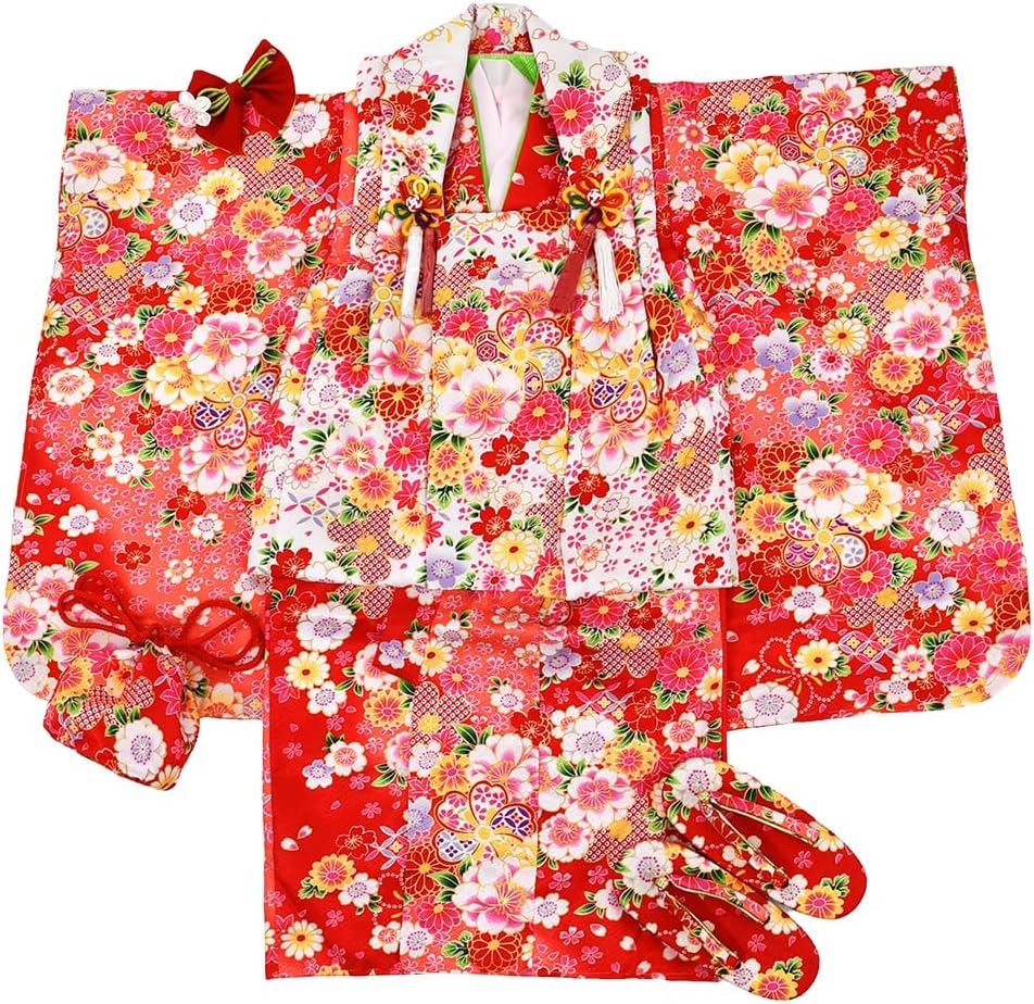 新品小町kids七五三3歳着物コート8点セット花柄薄緑白髪飾り巾着袋下駄